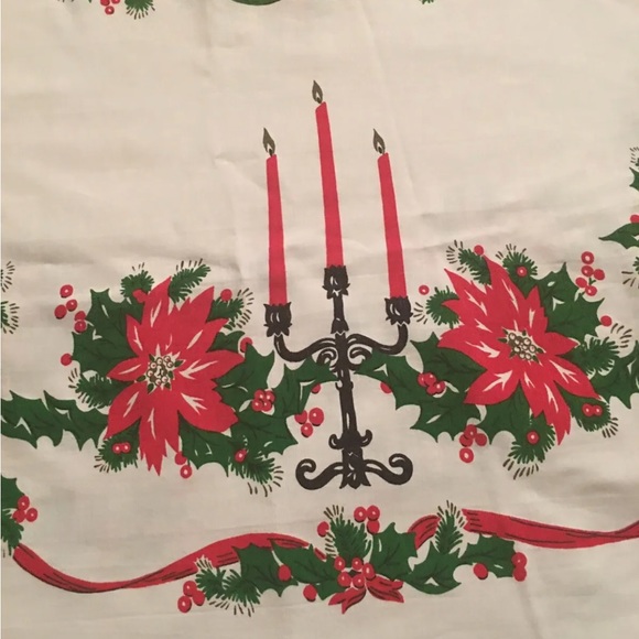 Vintage Christmas Tablecloth Cotton Fringed 55” Round Poinsettias Candelabras - Picture 3 of 8